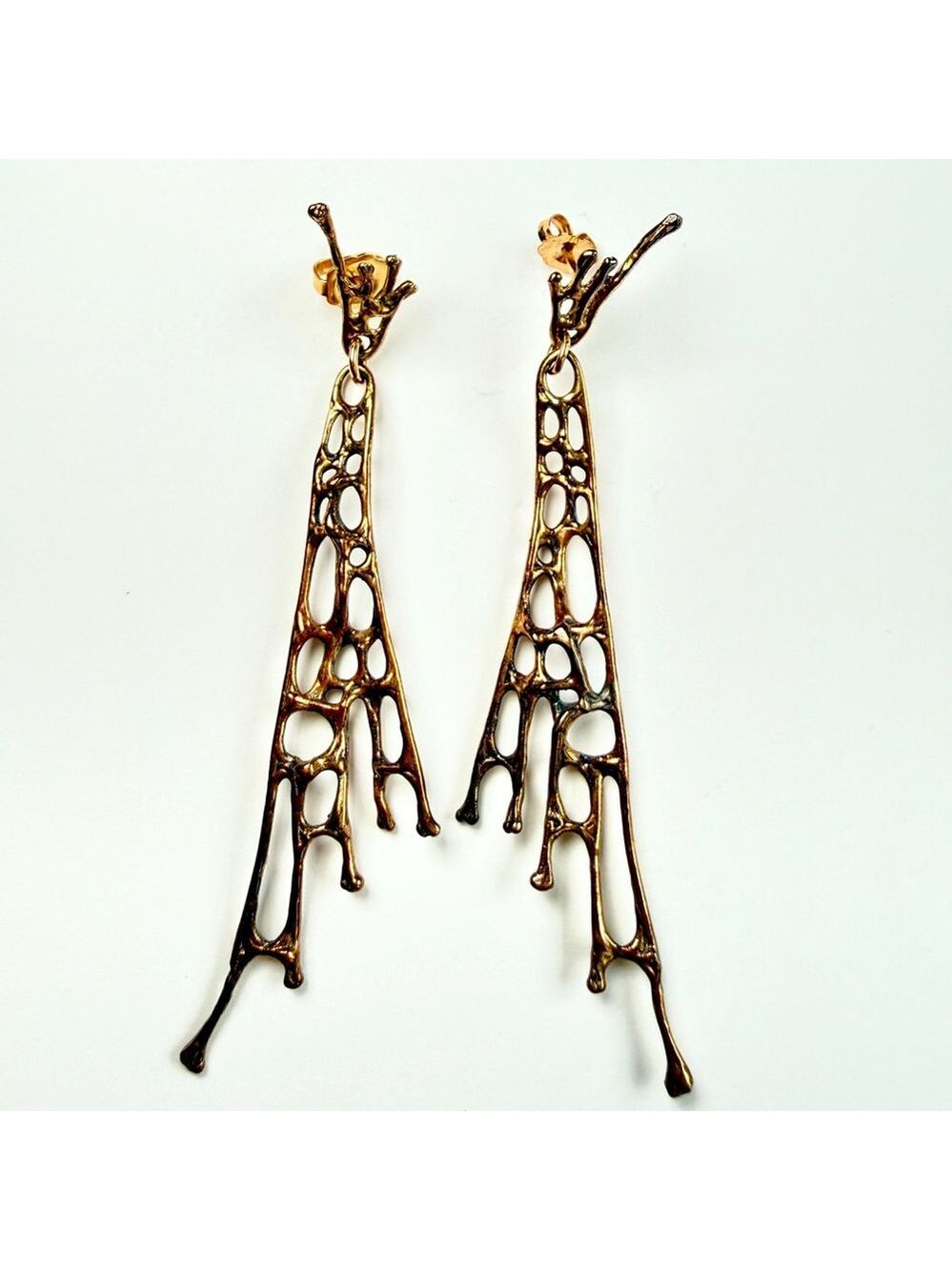 Estate 14K Solid Gold Brutalist Abstract Sculptural Web Drip 2.6" MCM Earrings - Picture 1 of 11